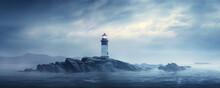 Lighthouse Seascape In Mystic Fog At Night