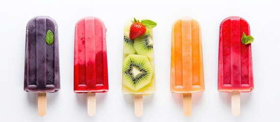 Poster - White background with five assorted fruit popsicles with copyspace for text