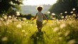Ein kleiner Junge läuft durch eine herbstliche Blumenwiese - pure Freude und ökologische Naturschönheit erleben - AI-generiert