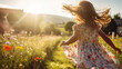 Ein freudiges kleines Mädchen läuft durch eine herbstliche Blumenwiese - pure Freude und ökologische Naturschönheit erleben - AI-generiert