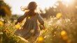 Ein freudiges kleines Mädchen läuft durch eine herbstliche Blumenwiese - pure Freude und ökologische Naturschönheit erleben - AI-generiert