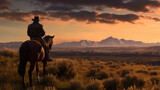 Fototapeta  - rear view of a cowboy and a horse against a background of sunset. ai generative