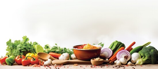 Wall Mural - Vegetarian cooking with chopped vegetables pot and spoon on a wooden table with copyspace for text