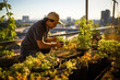 Rooftop farming in the city, with a farmer picking vibrant, organic vegetables.

