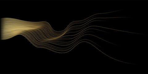 Abstract vector wavy lines flowing smooth curve gold gradient color on black background in concept of luxury, technology, science, music, modern.