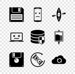 Poster - Set Floppy disk, Dead mobile, Kayak and paddle, , Waiting and Cloud sync refresh icon. Vector