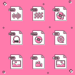 Sticker - Set WAV file document, PNG, MP3, WMA, AVI, TIFF and MOV icon. Vector