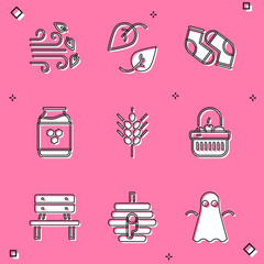 Sticker - Set Windy weather, Leaf, Socks, Jar of honey, Wheat, Basket and food, Bench and Hive for bees icon. Vector