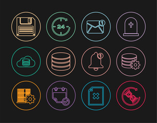 Poster - Set line Waiting, Setting database server, New, email incoming message, Database, Cloud, Floppy disk, Bell and Clock 24 hours icon. Vector