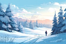 Person Walk In Beautiful Winter Landscape Illustration