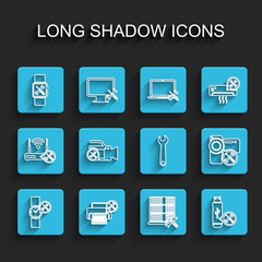 Sticker - Set line Wrist watch service, Printer, Smartwatch, Database server, USB flash drive, Video camera, and Wrench icon. Vector