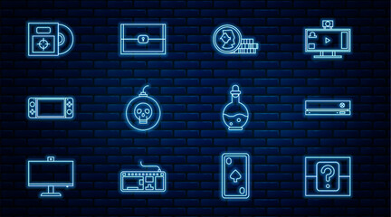 Poster - Set line Mystery or random box, Video game console, Coin for, Bomb ready to explode, Portable video, CD DVD disk, Bottle with magic elixir and Chest icon. Vector