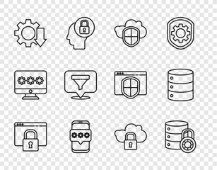 Poster - Set line Secure your site with HTTPS, SSL, Server security lock, Cloud and shield, Mobile password, Cost reduction, Location sales funnel, computing and Server, Data, Web Hosting icon. Vector