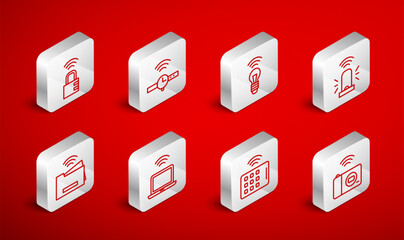 Poster - Set line Smart photo camera, Smartwatch, light bulb, flasher siren, Wireless tablet, safe combination lock, laptop and printer icon. Vector