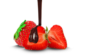 Sticker - dripping chocolate on strawberry isolated on white background