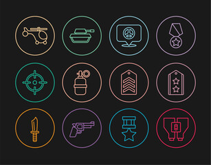 Sticker - Set line Binoculars, Military rank, Location peace, Hand grenade, Target sport, Helicopter, Chevron and tank icon. Vector