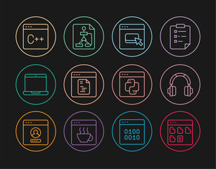 Poster - Set line Browser files, Headphones, Software, Laptop, Python programming language and Flowchart icon. Vector