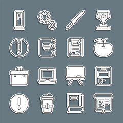 Sticker - Set line Projection screen, Exam paper with incorrect answers, Apple, Paint brush, Notebook, Pencil, Locker changing room and Certificate template icon. Vector