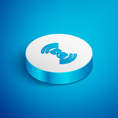 Poster - Isometric line 5G new wireless internet wifi connection icon isolated on blue background. Global network high speed connection data rate technology. White circle button. Vector