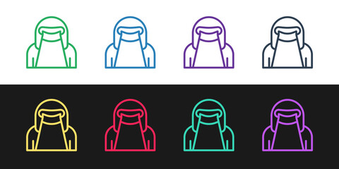 Sticker - Set line Muslim woman in niqab icon isolated on black and white background. Vector