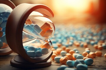 Poster - A conceptual image of pills spilling out of an hourglass, symbolizing the relentless passage of time and the urgency of addressing addiction.