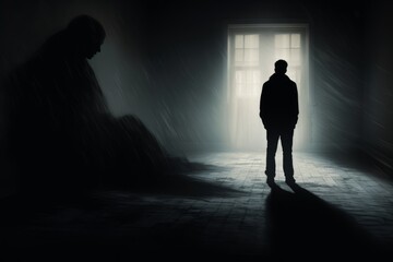 Poster - A visual representation of addiction as a shadowy figure looming over a person, illustrating the constant presence and influence of addiction in their life.