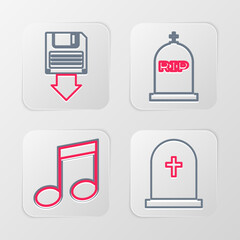 Poster - Set line Tombstone with cross, Music note,, RIP written and Floppy disk backup icon. Vector