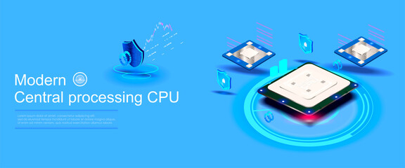 Poster - futuristic processor with neon holographic backlight. processor in isometric view with modern server