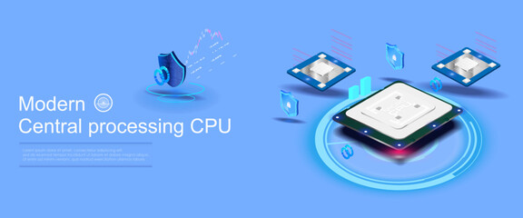 Poster - futuristic processor with neon holographic backlight. processor in isometric view with modern server