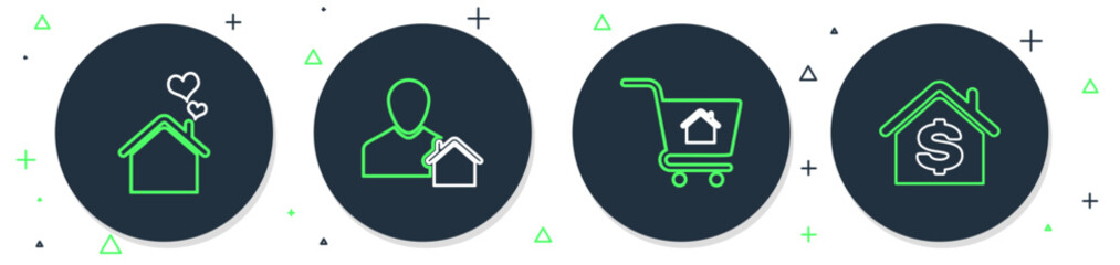 Poster - Set line Realtor, Shopping cart with house, House heart shape and dollar icon. Vector