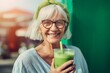 Senior woman green juice happy. Food nutrition. Generate Ai