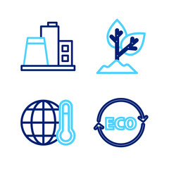 Sticker - Set line Label for eco healthy food, Global warming, Plant and Factory icon. Vector