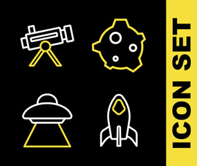 Poster - set line asteroid, rocket ship, ufo flying spaceship and telescope icon. vector