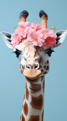 Wall Mural - Cute giraffe with bouquet of flowers on blue background. Creative concept. Minimal animal concept.