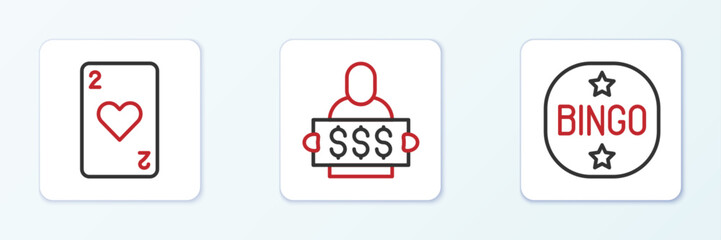 Poster - set line bingo, playing card with heart and slot machine spin button icon. vector