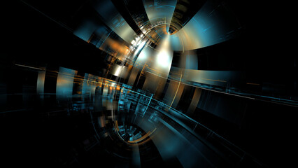Fototapete - Technologies of future, cyberpunk, digital space. Data transmission and processing, glowing blocks of information. 3d render