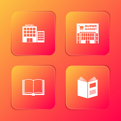 Poster - set hotel building, supermarket, open book and icon. vector