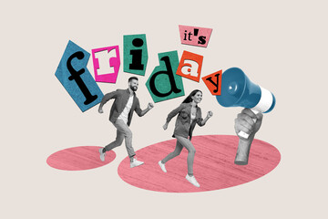 Sticker - Creative drawing collage picture of two funny young people man female office worker running hand hold toa celebrate friday happy weekend