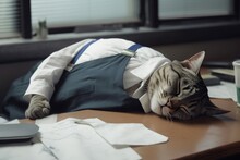 Sleepy Cat Office Clothes. Animal Home Kitten. Generate Ai