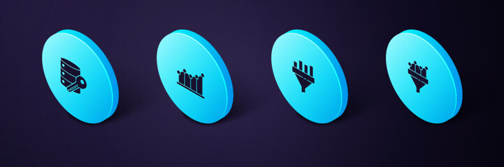 Poster - Set Isometric Sales funnel with chart, , Pie infographic and Server security key icon. Vector