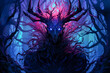 Menacing Wendigo, dark and colorful fantasy illustration with blue glowing eyes. Public domain folklore character illustration. 