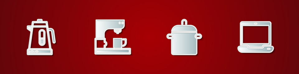 Sticker - Set Electric kettle, Coffee machine, Cooking pot and Laptop icon. Vector