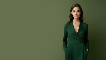 Wall Mural - A young brunette woman in green clothing stands against a solid green background. Studio. Isolated green background. 