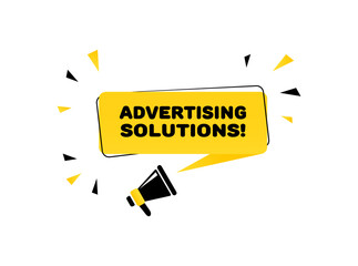 Poster - Advertising solutions sign. Flat, yellow, text from a megaphone, advertising solutions. Vector icon