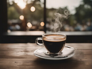 cup of cappuccino with smoke on wooden table near the window