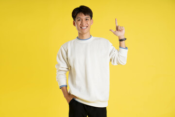 Canvas Print - Portrait of young Asian man wearing sweater and posing on yellow background