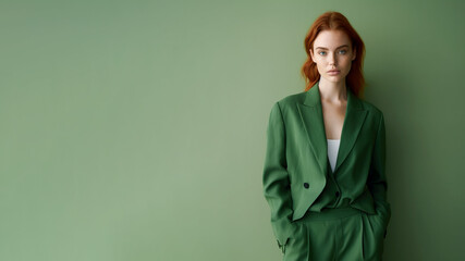 Wall Mural - A young redhead woman in green clothing stands against a solid green background. Studio. Isolated green background. 