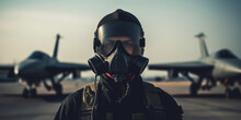 Fighter Pilot Portrait That Is At Airfield Wearing Mask