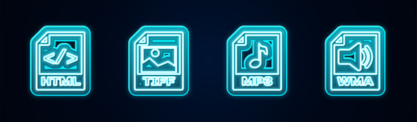 Canvas Print - Set line HTML file document, TIFF, MP3 and WMA. Glowing neon icon. Vector