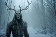 Menacing Wendigo, with elongated limbs and sharp claws, resides in a haunted, misty forest. Public domain folklore character illustration
